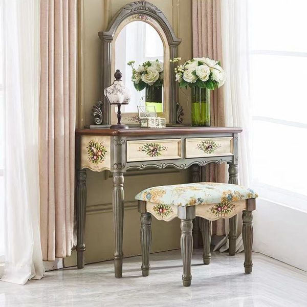 Traditional European Elliptical Mirror Rectangular Painting Wood Plate Makeup Vanity & Stool Set For Bedroom - Image 3