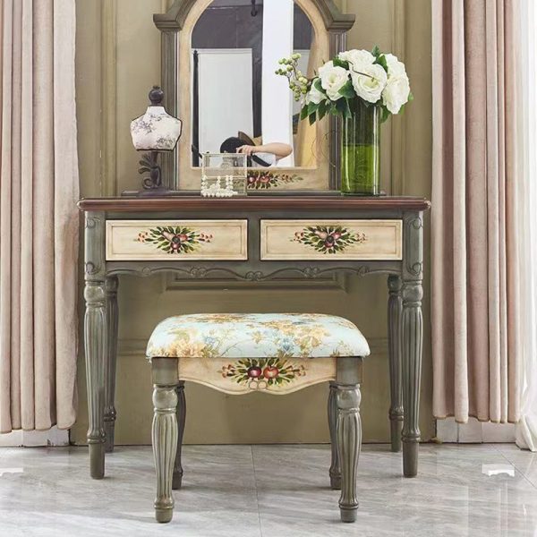 Traditional European Elliptical Mirror Rectangular Painting Wood Plate Makeup Vanity & Stool Set For Bedroom - Image 2