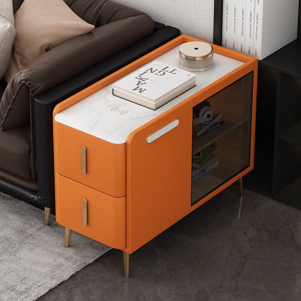Modern Simplicity Rectangular Leather Solid Wood Slab Side Table 2-Drawer For Living Room - Image 15