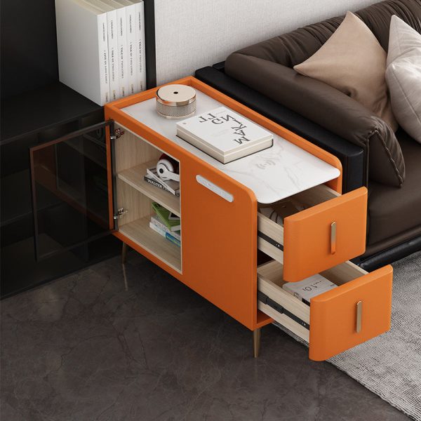 Modern Simplicity Rectangular Leather Solid Wood Slab Side Table 2-Drawer For Living Room - Image 9