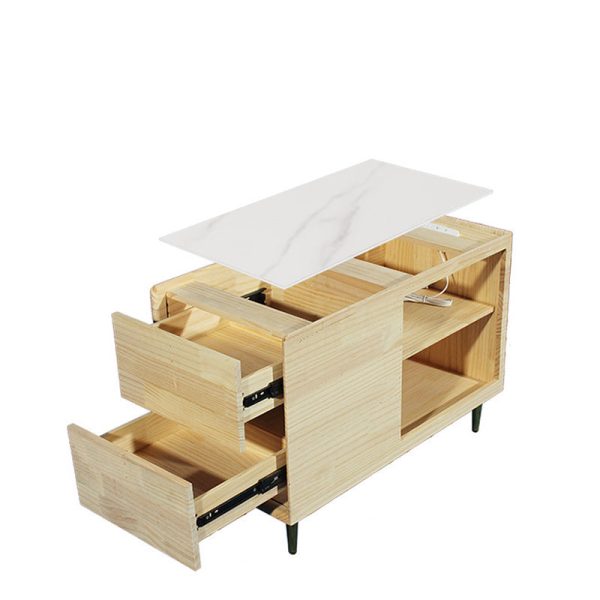Modern Simplicity Rectangular Leather Solid Wood Slab Side Table 2-Drawer For Living Room - Image 10
