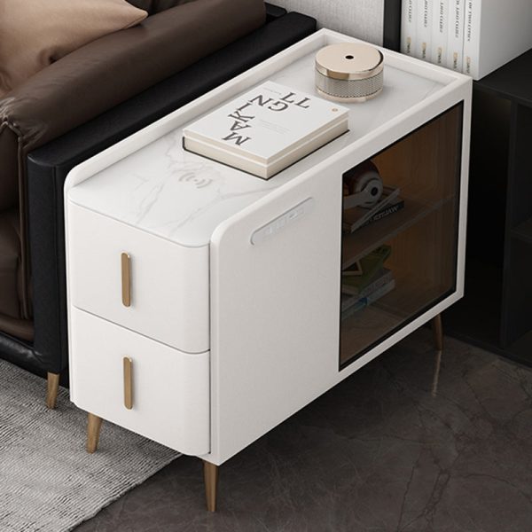 Modern Simplicity Rectangular Leather Solid Wood Slab Side Table 2-Drawer For Living Room - Image 5