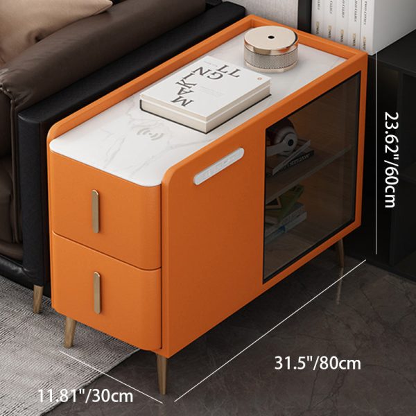 Modern Simplicity Rectangular Leather Solid Wood Slab Side Table 2-Drawer For Living Room - Image 6