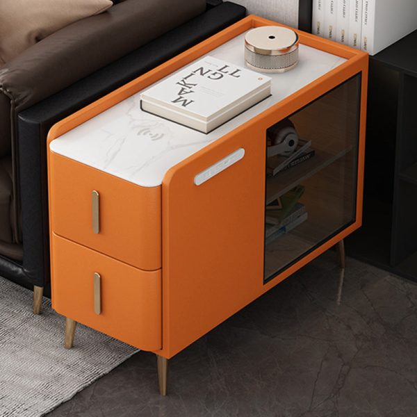 Modern Simplicity Rectangular Leather Solid Wood Slab Side Table 2-Drawer For Living Room - Image 13