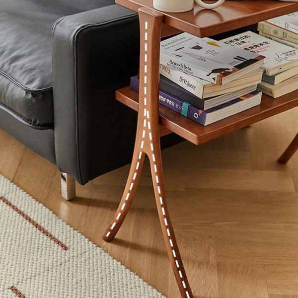 Contemporary Retro Rectangular Y-Shape Frame Solid Wood Iron Side Table 2-Tier For Living Room - Image 7