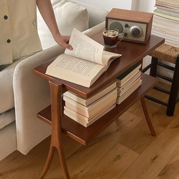 Contemporary Retro Rectangular Y-Shape Frame Solid Wood Iron Side Table 2-Tier For Living Room - Image 16