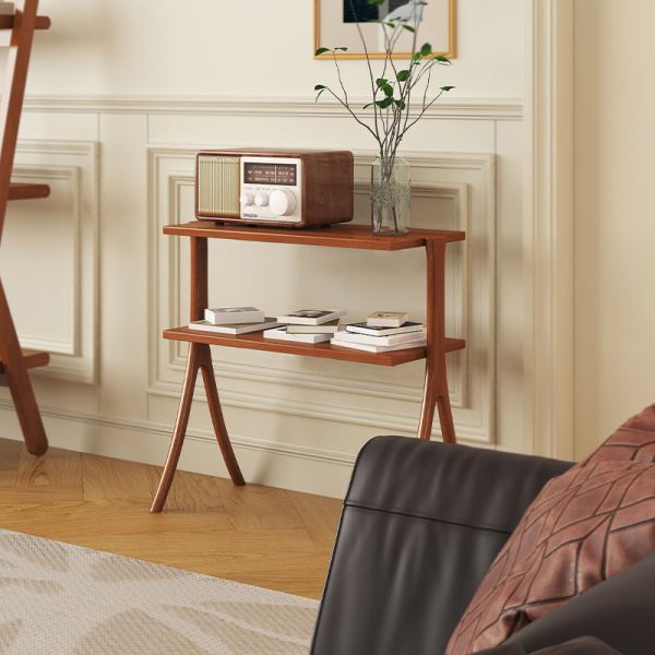 Contemporary Retro Rectangular Y-Shape Frame Solid Wood Iron Side Table 2-Tier For Living Room - Image 9