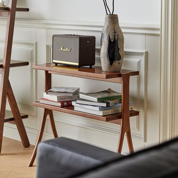 Contemporary Retro Rectangular Y-Shape Frame Solid Wood Iron Side Table 2-Tier For Living Room - Image 3
