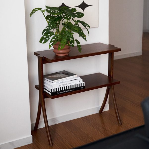Contemporary Retro Rectangular Y-Shape Frame Solid Wood Iron Side Table 2-Tier For Living Room - Image 4