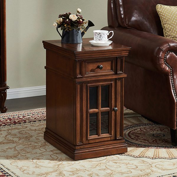 Contemporary Retro Rectangular Rubber Wood Fiberboard Metal Side Table 1-Drawer Cabinet For Bedroom - Image 14