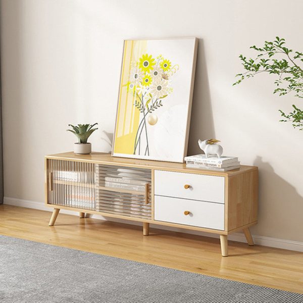 Modern Minimalist Rectangle Solid Wood Glass TV Stand 2-Drawer For Living Room - Image 11