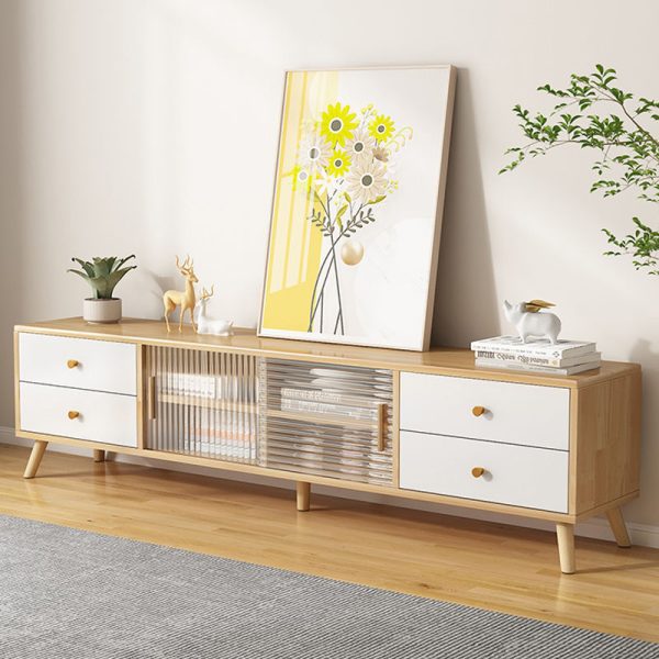 Modern Minimalist Rectangle Solid Wood Glass TV Stand 2-Drawer For Living Room - Image 13
