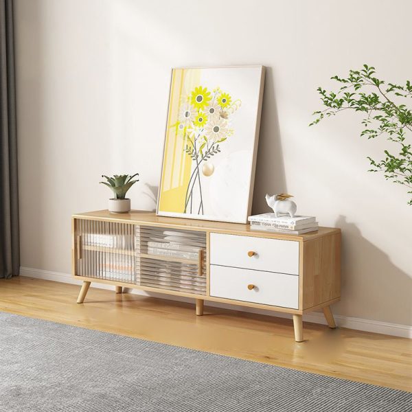 Modern Minimalist Rectangle Solid Wood Glass TV Stand 2-Drawer For Living Room - Image 2