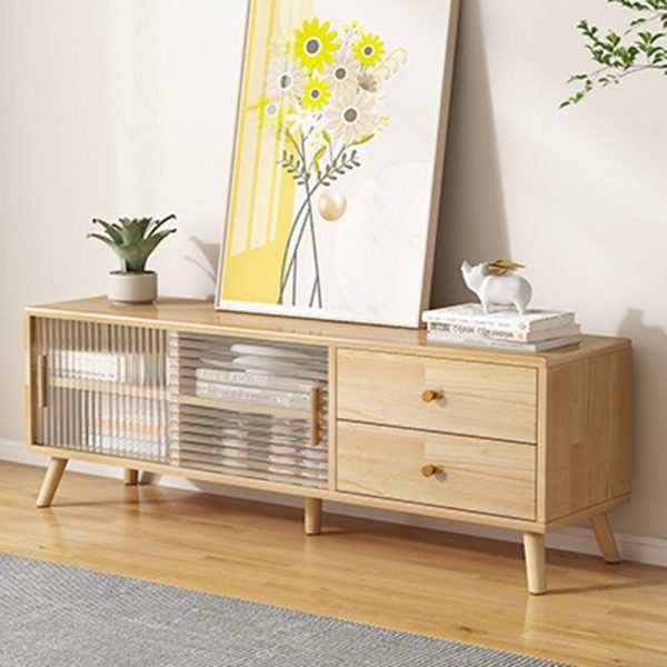 Modern Minimalist Rectangle Solid Wood Glass TV Stand 2-Drawer For Living Room - Image 3