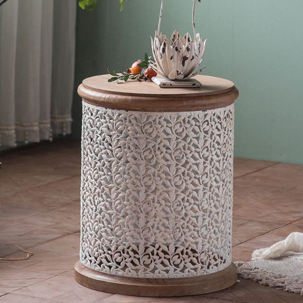 Traditional French Pattern Mesh Cylinder Pine Iron Side Table 1 - Tier For Living Room - Image 11