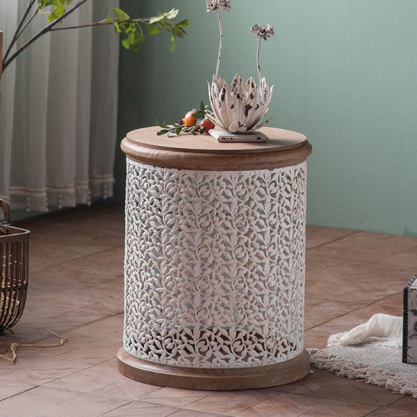 Traditional French Pattern Mesh Cylinder Pine Iron Side Table 1 - Tier For Living Room - Image 14