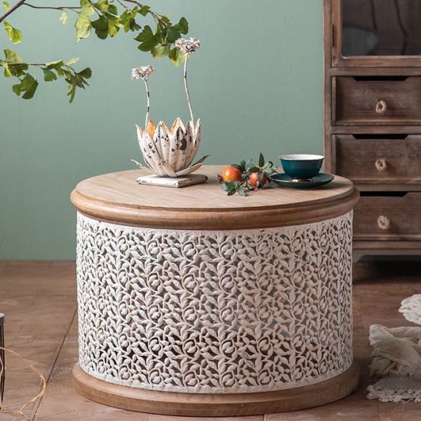 Traditional French Pattern Mesh Cylinder Pine Iron Side Table 1 - Tier For Living Room - Image 2