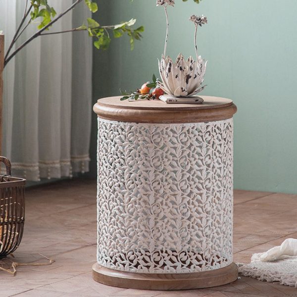 Traditional French Pattern Mesh Cylinder Pine Iron Side Table 1 - Tier For Living Room - Image 16