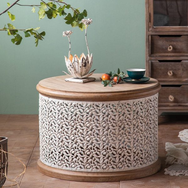 Traditional French Pattern Mesh Cylinder Pine Iron Side Table 1 - Tier For Living Room - Image 12