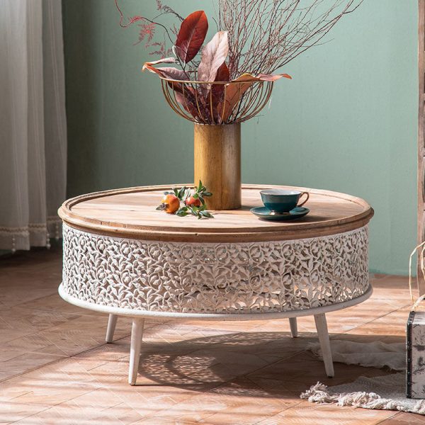 Traditional French Pattern Mesh Cylinder Pine Iron Side Table 1 - Tier For Living Room - Image 3
