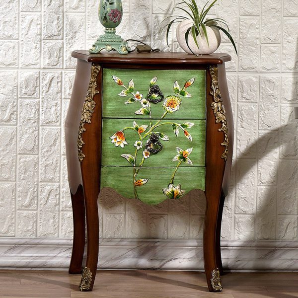 Traditional European Square Round Flower Painted Birch Rubber Wood MDF Metal Side Table 2-Drawer For Living Room - Image 5