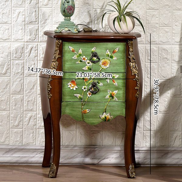 Traditional European Square Round Flower Painted Birch Rubber Wood MDF Metal Side Table 2-Drawer For Living Room - Image 8