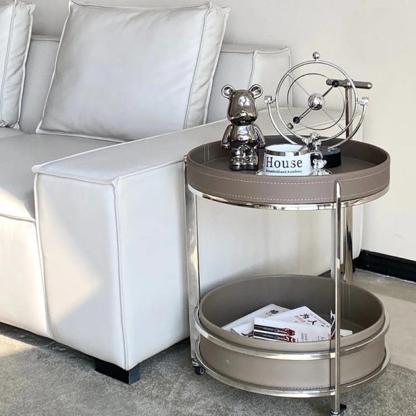 Modern Luxury Round Leather Stainless Steel End Table 2-Tier For Living Room - Image 3