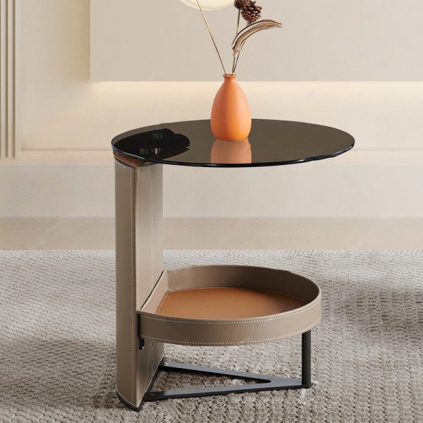 Modern Minimalist Round Rectangle Triangle Base Glass Leather Metal End Table 1-Storage For Living Room - Image 2
