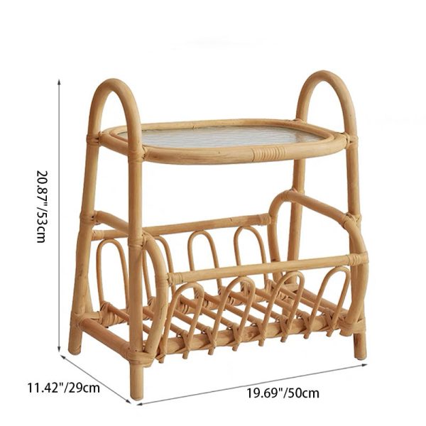 Traditional Japanese Weaving Rectangular Rattan Glass Side Table 2-Tier For Living Room - Image 7
