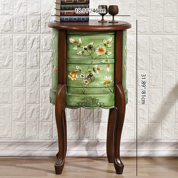 Traditional European Square Round Flower Painted Birch Rubber Wood MDF Metal Side Table 2-Drawer For Living Room - Image 7