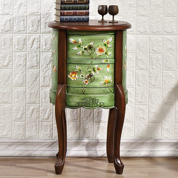 Traditional European Square Round Flower Painted Birch Rubber Wood MDF Metal Side Table 2-Drawer For Living Room - Image 4
