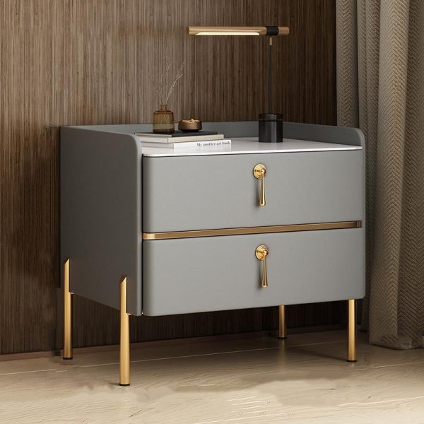 Modern Luxury Rectangular Solid Wood Rock Slab Leather Nightstand 2-Drawer For Bedroom - Image 2