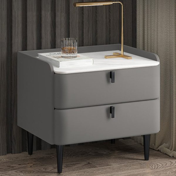 Modern Simplicity Rectangular Slab Leather Pine Wood Carbon Steel Nightstand 2-Drawer For Bedside - Image 2