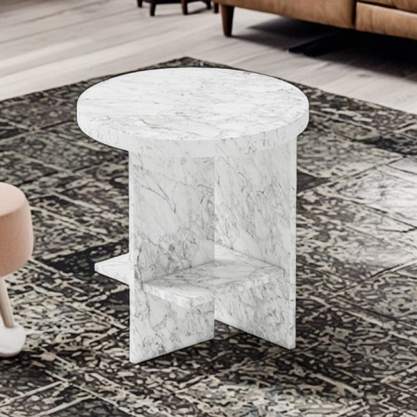 Contemporary Nordic Round Crossed Base Travertine Chrysoprase Side Table 2-Shelf For Bedside - Image 4