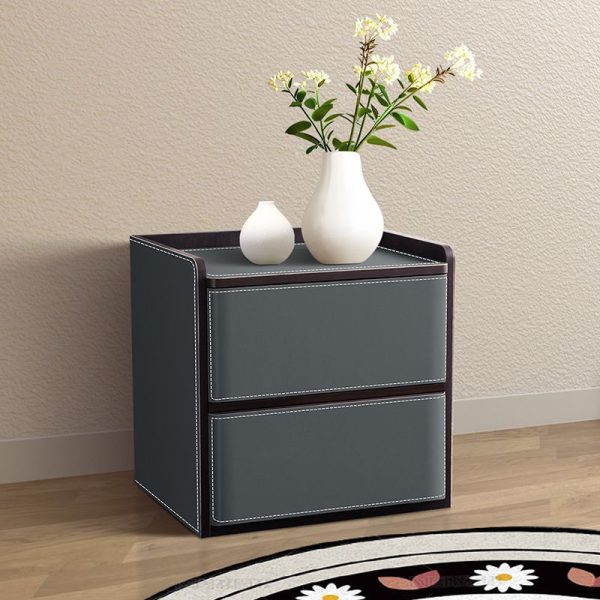 Contemporary Nordic Rectangular Leather Wood Nightstand 2-Drawer For Bedroom - Image 3