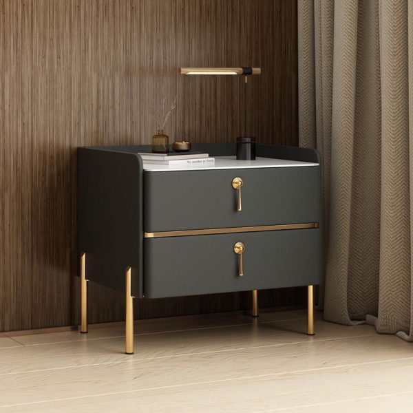 Modern Luxury Rectangular Solid Wood Rock Slab Leather Nightstand 2-Drawer For Bedroom - Image 3