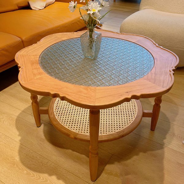 Contemporary Retro Flower Round Wood Glass Coffee Table 2-Tier For Living Room - Image 5