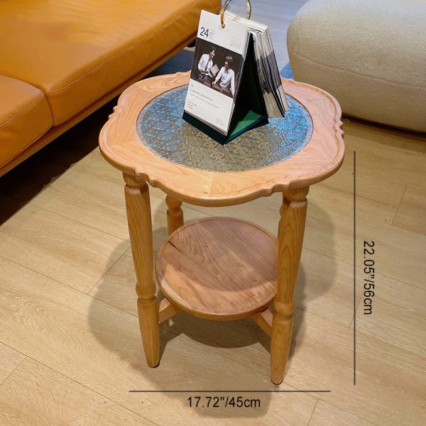 Contemporary Retro Flower Round Wood Glass Coffee Table 2-Tier For Living Room - Image 9