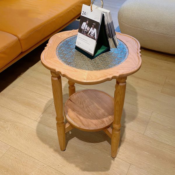 Contemporary Retro Flower Round Wood Glass Coffee Table 2-Tier For Living Room - Image 22
