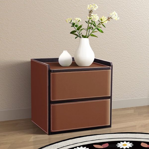 Contemporary Nordic Rectangular Leather Wood Nightstand 2-Drawer For Bedroom - Image 11