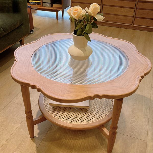 Contemporary Retro Flower Round Wood Glass Coffee Table 2-Tier For Living Room - Image 21