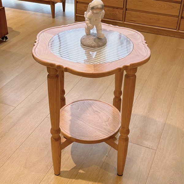 Contemporary Retro Flower Round Wood Glass Coffee Table 2-Tier For Living Room - Image 6