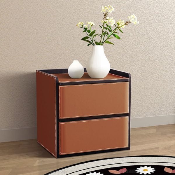 Contemporary Nordic Rectangular Leather Wood Nightstand 2-Drawer For Bedroom - Image 13