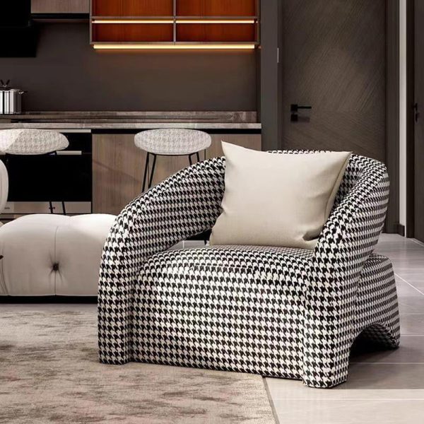Modern Luxury Curved Square Leather Lambswool Fabric Wood Accent Chair Backrest Arm For Living Room - Image 3