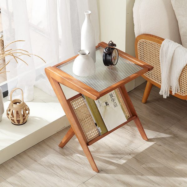 Traditional Japanese Weaving Rattan Glass Cherry Wood Ash Wood Rectangular Side Table 1-Shelf For Living Room - Image 9