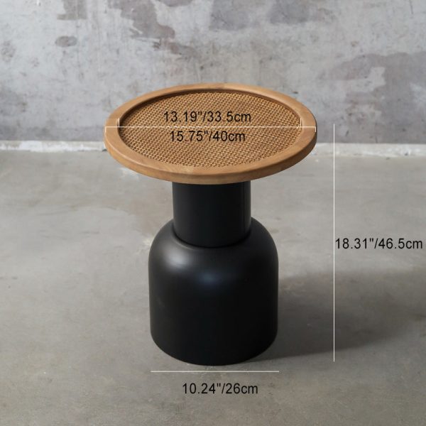 Traditional Vintage Round Cylinder Iron Rattan Wood End Table For Living Room - Image 8