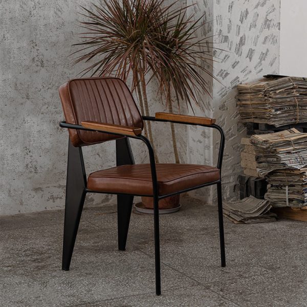 Contemporary Industrial Leather Metal Sponge Wood Square Vertical Stripe Dining Chair Backrest Armrest For Dining Room - Image 4