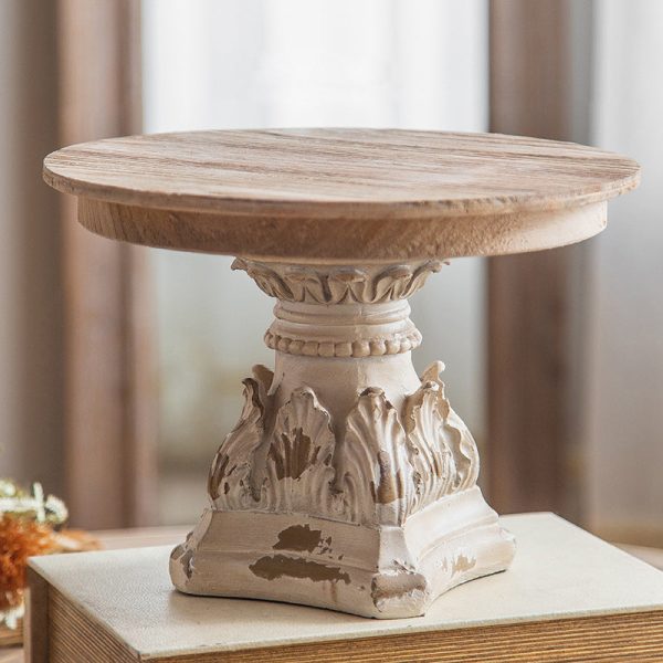 Traditional Vintage Round Column Carved Cedar Magnesium Oxide Tray Side Table For Dining Room - Image 4