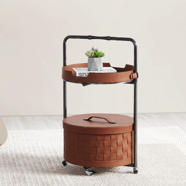 Contemporary Nordic Round Stainless Steel Saddle Leather End Table Movable 2-Tier For Living Room - Image 12