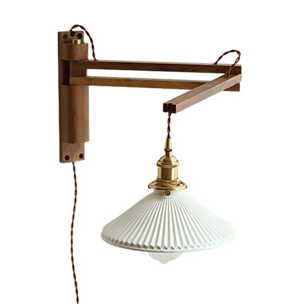 Nordic Milk White Striped Glass Walnut Retractable 1-Light Wall Sconce Lamp - Image 12